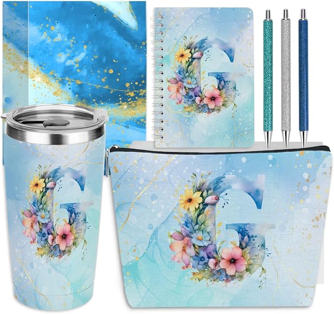 Personalized Gifts Monogrammed Birthday Gifts for Women, Mentor Employee Appreciation Christmas Initial 20 oz Tumbler, Makeup Bag Cup Ballpoint Pens Journal Notebook 6 Set, (Aesthetic Blue Flower G)