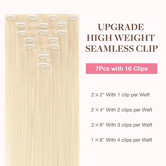 GOO GOO Clip in Hair Extensions Real Human Hair, Remy Human Hair Extensions Clip ins for Women, Natural Human Hair, 18inch 130g 7Pcs, 613R Bleach Blonde