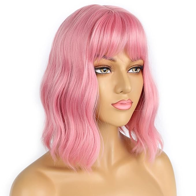 Pastel Bob Wigs with Bangs for Women Loose Wavy Wig Pastel Wavy Shoulder Length Bob Synthetic Cosplay Wig for Girl Colorful Costume Wigs (Pink)