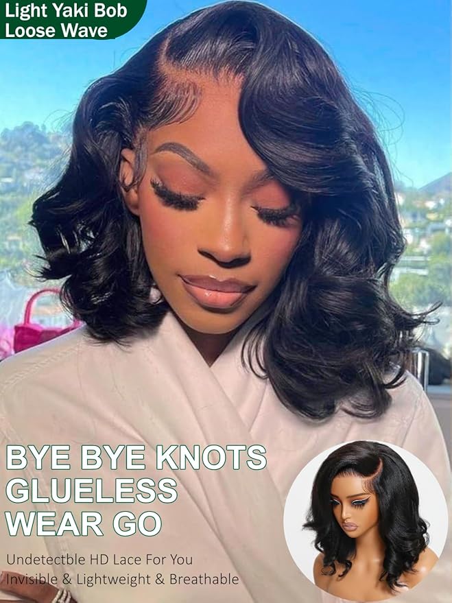 KLAIYI Light Yaki Straight Bob Loose Wave Pre Everything 13x4 Lace Front Wigs Human Hair Precut Lace Pre Plucked Bleached Glueless Wear and Go Wigs for Women Bye Bye Knots Wig Beginner Friendly 14Inch