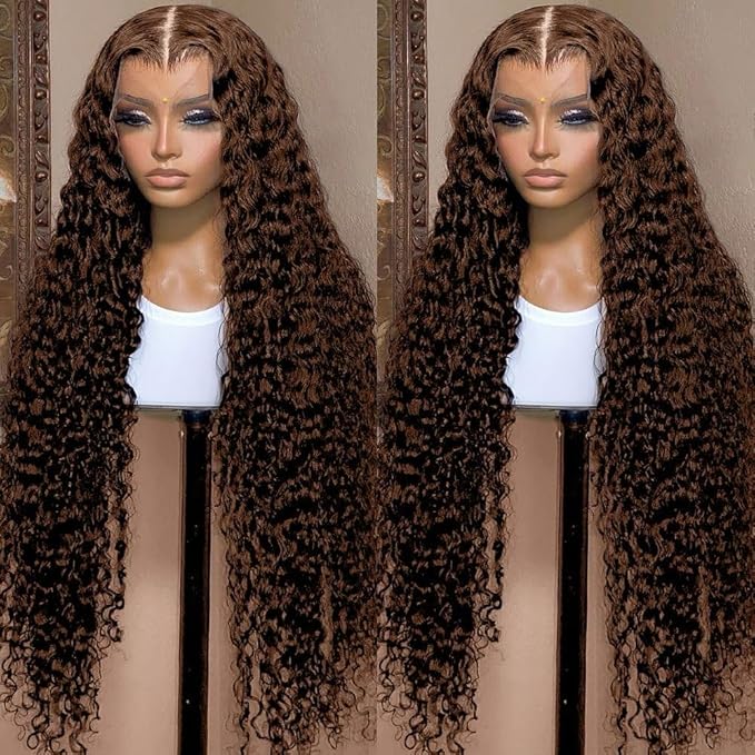 22 Inch Chocolate Brown Deep Wave Lace Front Wigs Human Hair Pre Plucked 200% Density 13x6 HD Lace Frontal Wigs with Baby Hair Deep Curly Wet and Wavy Glueless Wigs for Women (4# Brown, 22 Inch)