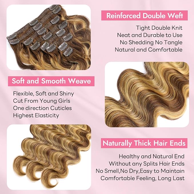 Clip in Hair Extensions Real Human Hair Body Wave #4/27 Chocolate Brown to Honey Blonde 100% Brazilian Remy Human Hair Extensions 8pcs Per Set with 18 Clips Double Weft 20 Inch 105g/3.6oz