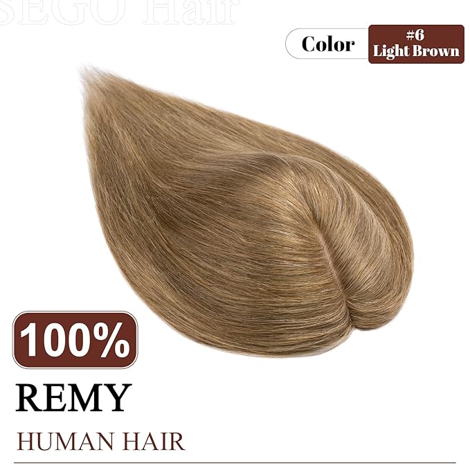 SEGO Real Human Hair Topper for Women, No Bangs Hair Topper with Anti-Slip Clips (14 Inches Light Brown)