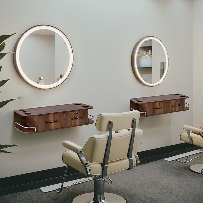 BarberPub Beauty Locking Wall Mount Styling Station, Barber Salon Station with Hair Dryer Holders, Spa Storage Floating Equipment with 2 Drawers 5012 (Brown)
