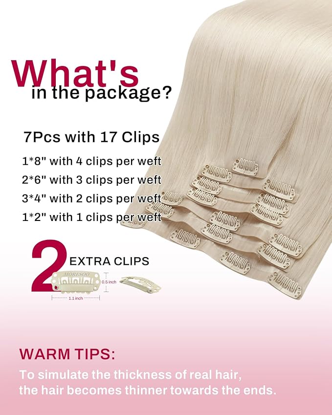 Moresoo Seamless PU Clip in Hair Extensions Real Human Hair 120g White blonde Human Hair Clip in Extensions Thick 18inch 7pcs to add volume for women daily use