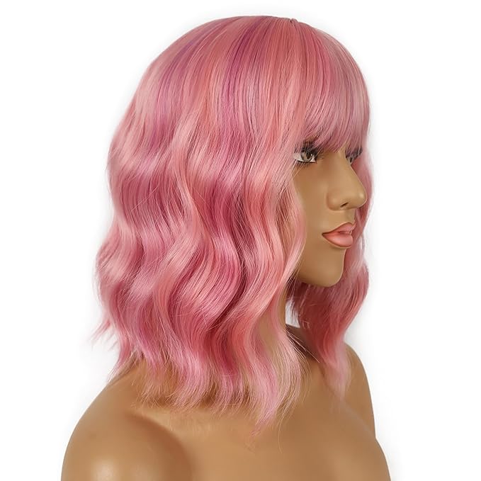 Short Bob Wigs with Bangs for Women Loose Wavy Wig Curly Wavy Shoulder Length Bob Synthetic Cosplay Wig for Girl Colorful Costume Wigs (Lovely Pink)