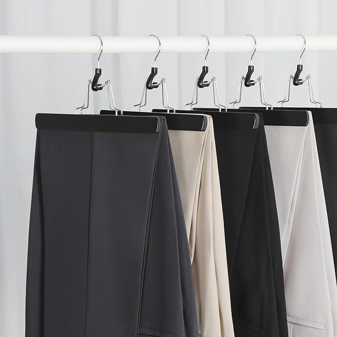 TOPIA HANGER 24 Pack Wooden Pants Hangers, Hair Extension Hangers Non Slip Skirt Hanger Wood Clamp with Velvet Padded 360° Swivel Hook for Jeans, Skirts, Trousers, Wigs Black CT68B