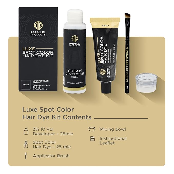 Parallel Products - Luxe Color (Black) - Cream Hair Dye - 25mL - Tint for Professional Spot Coloring - With Cream Developer, Mixing Dish and Application Brush - Covers Grey Hair - Root Touch Up