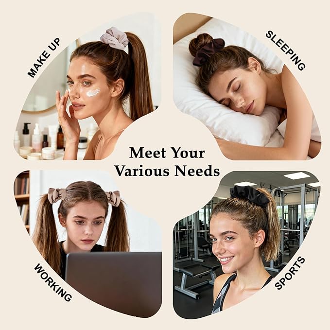 Satin Scrunchies for Women – 8PCS Neutral Silk Hair Ties Set (Black, Blonde, Dark Brown, Light Brown) – No Crease, Frizz-Free, Gentle Elastic Hair Bands, Soft & Stylish Everyday Hair Accessories Gifts