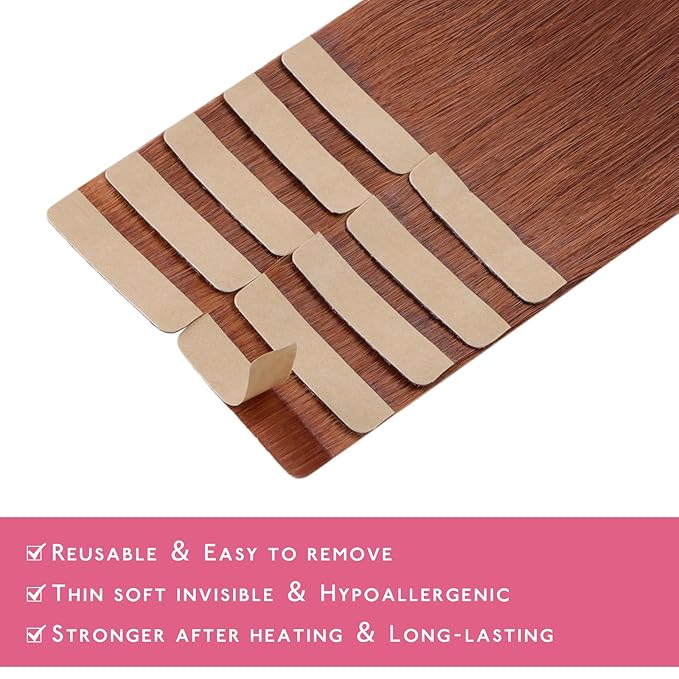 WENNALIFE Tape in Hair Extensions Human Hair Dark Auburn Copper Tape in Extensions, 10pcs 25g 18 inch Remy Invisible Tape Ins Straight Colored Soft Real Human Hair Tape in Extensions Refill Set Extens