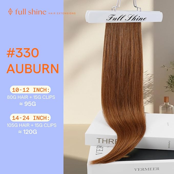 Full Shine Auburn Clip in Hair Extensions 14 Inch Auburn Human Hair Clip in Extensions for Short Thin Hair for Regrowth 7 Pcs 120 G