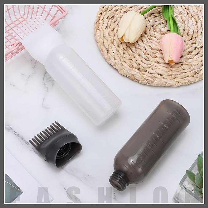 Pimoys 2 Pack Root Comb Applicator Bottle 6 Ounce Oil Applicator for Hair Dye, Hair Oiling Applicator Hair Coloring Bottle with Graduated Scale, Black and White