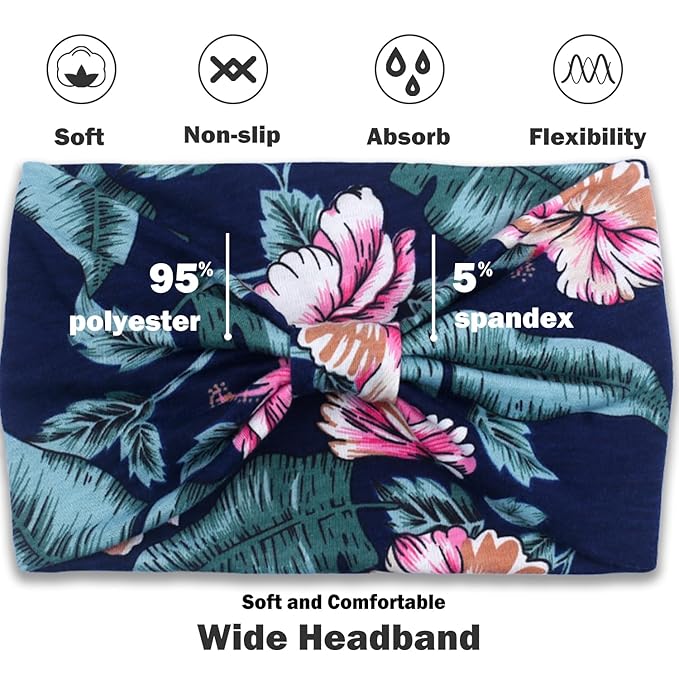IVARYSS Wide Headbands for Women, Knotted Head Wraps Turbans, Large African Style Head Bands Hair Accessories, 6 Pack (Floral)
