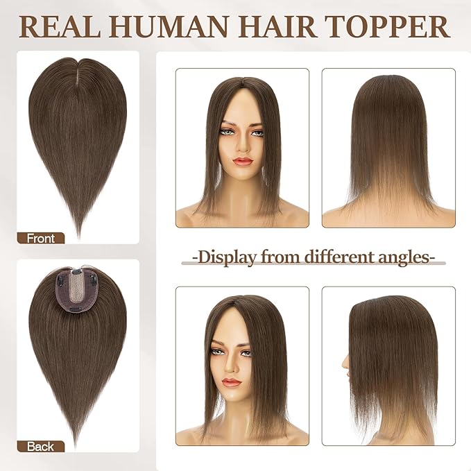 Rich Choices Hair Toppers for Women Real Human Hair 100% Human Remy Toppers NO Bangs for Women with Thinning on Top Clip in Hairpiece 4"x4.7"Lace Base 12 Inch #2R Chocolate Brown