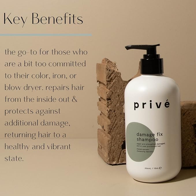 Privé Damage Fix Hair Shampoo for Women & Men - Sulfate-Free Repair Shampoo for Damaged Hair - Strengthening & Moisturizing Formula for Dry, Dull & Over-Processed Strands (12 oz)