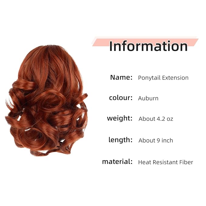 Ponytail Extension, Clip on Ponytails for Women, 9" Claw Clip in Short Curly Wavy Pony Hair Extension for Women - Auburn