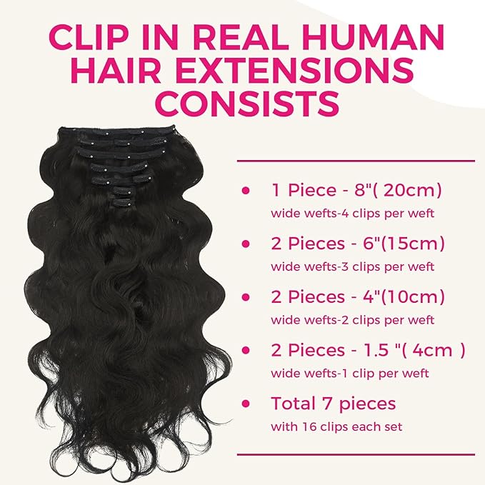 Lashey Body Wave Clip in Hair Extensions for Black Women, 20 Inch 7pcs 120g Natural Black Remy Human Hair Extensions Thick Hair with Lace Weft Clip Ins