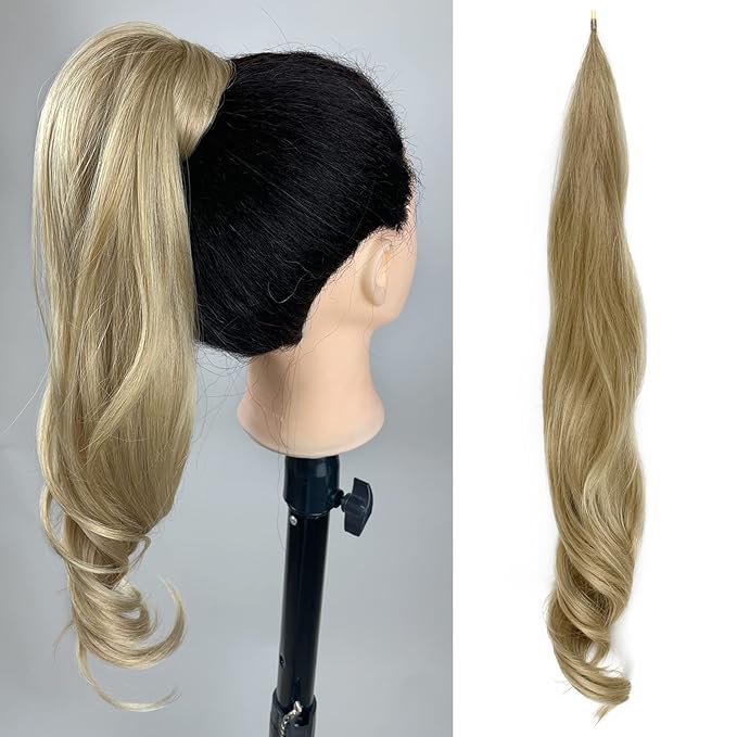 Chicmoi Blonde Ponytail Extainson 32 Inch Flexible Wrap Around Ponytail Hair Extension Long Wavy Pony Tails hair Extension Synthetic Hairpieces For Women and Girls