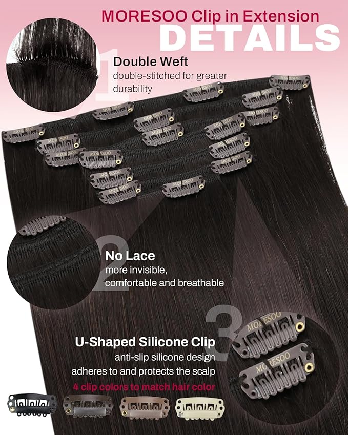 Moresoo Brown Clip in Hair Extensions Dark Brown Hair Extensions Clip ins Real Human Hair Long Full Head 22 inch 120g/7pcs