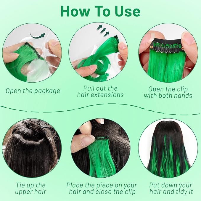 16 Pcs Colored Hair Extensions Curly Wavy Clip in Synthetic Hairpiece Streak for Girls Women Kids, Multi-colors St. Patrick's Day Party Highlights Cosplay Festival Gift(Green)