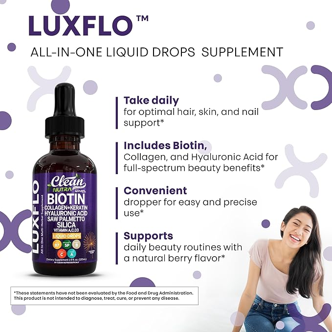 Liquid Biotin & Collagen Keratin Hyaluronic Acid Saw Palmetto Drops Vitamins for Hair Growth Support Silica Vitamin A C D Bamboo Turmeric Zinc Folate Magnesium Horsetail LuxFlo by Clean Nutra