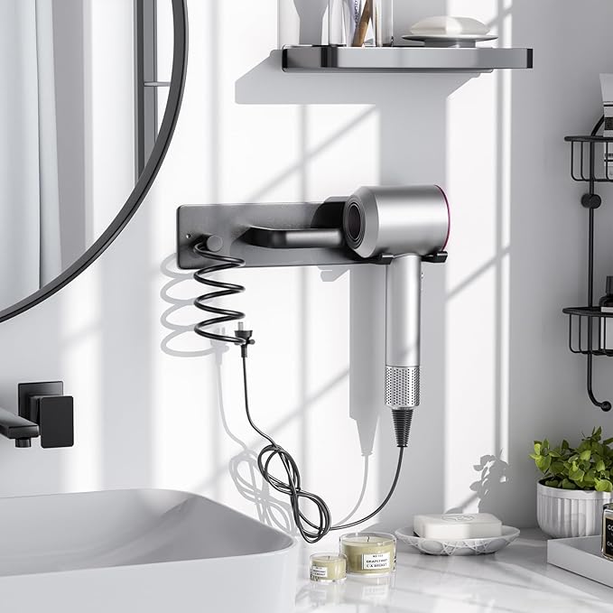Tindbea Hair Dryer Holder Curling Iron Holder Flat Iron, Blow Dryer Holder Wall Mount, 3 in 1 Bathroom Hair Tool Organizer Rack for Universal Dryer, Matte Black