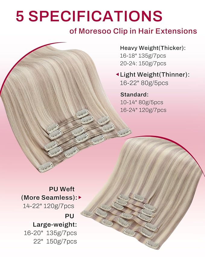 Moresoo Clip in Hair Extensions Human Hair Ash Blonde Highlight Hair Extensions Clip Ins for Women Straight Double Weft 5Pcs 80G 16inch