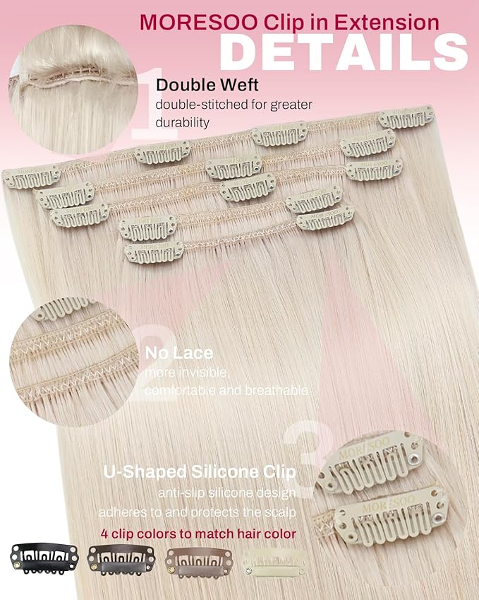 Moresoo White Blonde Human Hair Clip in Extensions Invisible Double Weft Clip in Human Hair Extensions Blonde Long And Straight Remy 80g/5pcs 18 inch