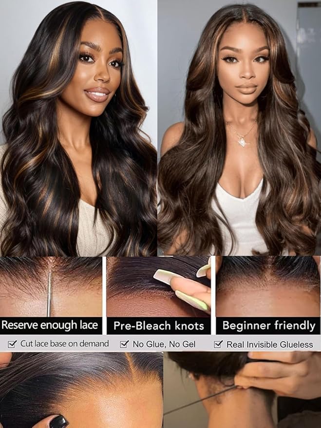 Julia Hair 13x4 Pre Everything Chestnut Brown Highlight Yaki Loose Body Wave Wig With Drawstring Glueless Wigs Human Hair HD Lace Frontal Wig Bleached Knots Ready to Go 26 Inch