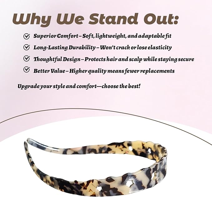 Acetate Hairbands for Women - Non-Slip Thin Headbands with Teeth, Eyewear-Friendly Design, 90s Retro Hair Accessories, No Pressure & No Headache Sunglasses Headband (Leopard print)
