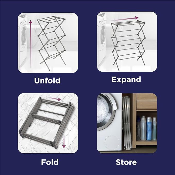 BLACK+DECKER 3 Tier Expandable Collapsing Foldable Laundry Rack for Air Drying Clothing, Space Saving Heavy Duty Lightweight Metal Drying Rack(Silver)