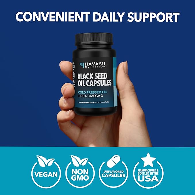 Black Seed Oil with DHA Supplement for Brain Health and Cognition - Cold Pressed Black Cumin Seed Oil and DHA Omega 3-60 Liquid Capsules, Unflavored, Vegan, Non-GMO, and Gluten-Free - 1 Month Supply