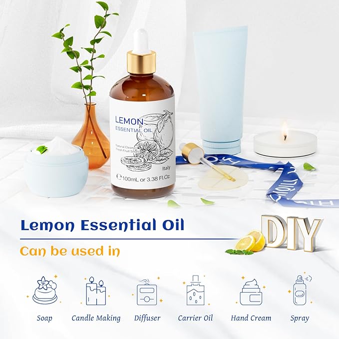 HIQILI Lemon Essential Oil, Household Cleaning, Air Purification, Skin Care, Can be Added to Cleansers, Sprays, Body Lotions Use - 3.38 Fl Oz/100ML