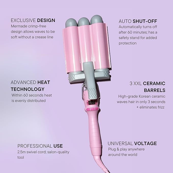 Mermade Hair PRO Hair Waver 1.25" - Hair Waver 3 Barrel, 3 Barrel Curling Iron 1 1/4 Inch, Ceramic Barrel Waver for Thick, Thin, Long, or Short Hair - 1.25"