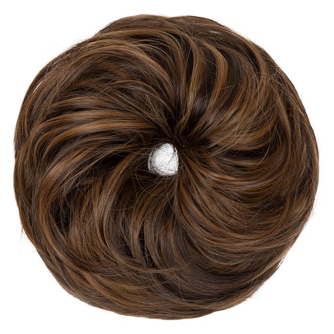 SARLA Messy Hair Bun Hair Pieces Curly Synthetic Updo Fake Scrunchies Ponytail Extension for Women Dark Brown/Golden Blonde 1PCS