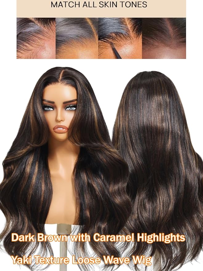Julia Hair 13x4 Pre Everything Chestnut Brown Highlight Yaki Loose Body Wave Wig With Drawstring Glueless Wigs Human Hair HD Lace Frontal Wig Bleached Knots Ready to Go 16 Inch