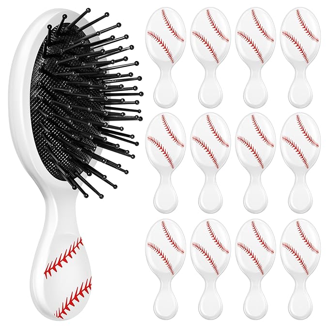 12 Pcs baseball Mini Detangler Brush, Mini Travel Hair Brush, Bristles Plastic Detangling Brush, No Tangle Soft Flexible Bristles for Straight, Curly, Thick Hair for baseballl Team Gift Sport Party