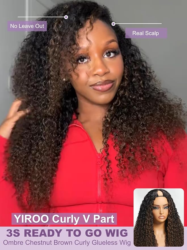 YIROO EasiContour V Part Ombre Brown Human Hair Wig Curly 12A Glueless Upgrade U Part Wig Ombre Black to Chestnut Brown No Leave Out V Shape Clip Wigs Ready to Go 150% Density Beginner Friendly 24Inch