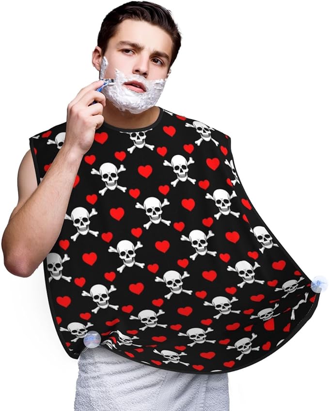 Adjustable Beard Catcher Apron, Black Red Love Heart Skull and Crossbones Shave Bib, Non-Stick Waterproof Grooming Bib, Shaving Essential for Men Dad Christmas