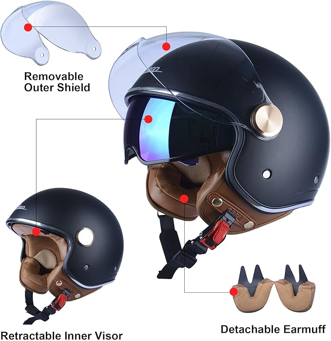 Open Face Motorcycle Helmet for Adults, DOT Approved,3/4 Retro Vespa Helmet, Dual Visors Men's and Women's Motorbike Casco for Moped Cruiser Bobber and Chopper