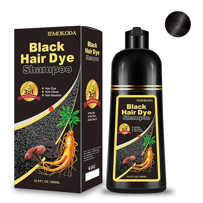 Black Hair Dye Shampoo 3 in 1, Natural Instant Hair Color Shampoo for Women Men 100% Gray Hair Coverage Champu Para Canas Mujer, Lasting 3-4 Weeks & Easy to Use & All Hair Types & Root Touch Up, 500ml