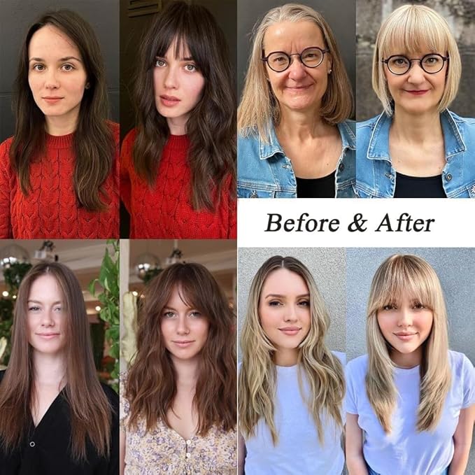 Clip in Bangs Blonde Color 100% Real Human Hair Wispy Clip on Bangs Extensions Fringe with Temples Hairpieces for Women