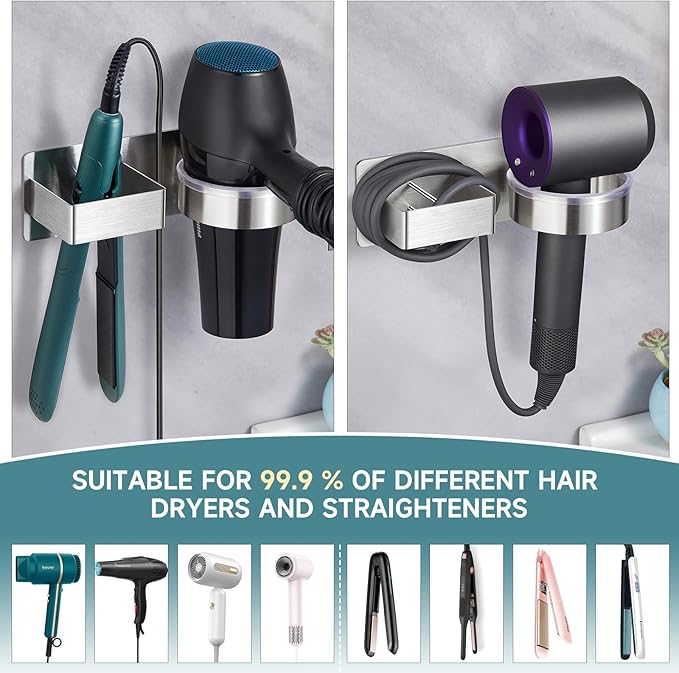 Hair Dryer Holder, Hair Tool Organizer, Stainless Steel Blow Dryer Holder Wall Mounted, Adhesive Straightener Holder, Bathroom Hair Care Styling for Flat Iron,Curling Iron,Hairdryer
