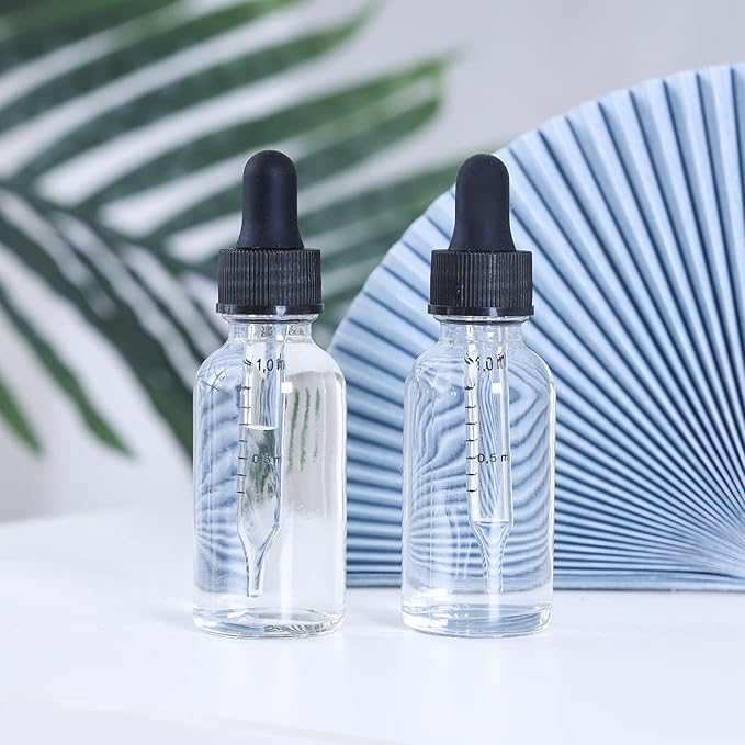 1 oz Dropper Bottle 24 Pack Clear Glass Boston Bottles 30ml with Eye Droppers Black Caps for Essential Oils, Perfume, Leak Proof Travel Bottles for Liquids