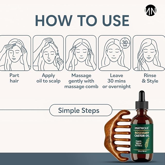 Natnique Hair Growth Gift Set – Organic Castor & Rosemary Blend + Wooden Scalp Massager Comb – Cold-Pressed, Hexane-Free, Vegan & Cruelty-Free – Natural Scalp Massage & Hair Care Set for Men and Women