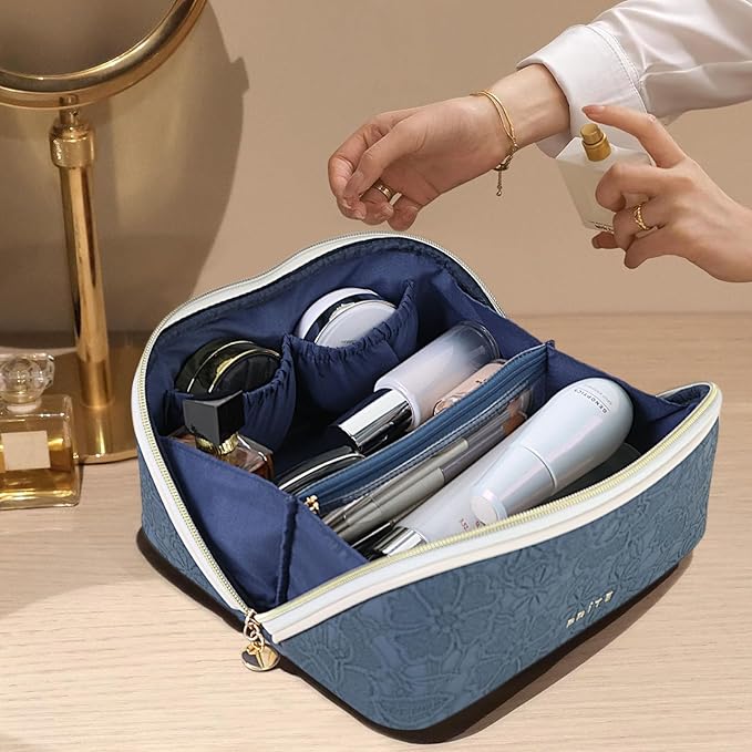 Prite Travel Cosmetic Bag Makeup Organizer Bag For Women Large Capacity Waterproof PU Leather Toiletry Bag with Handle and Clear Divider(Blue Flower)