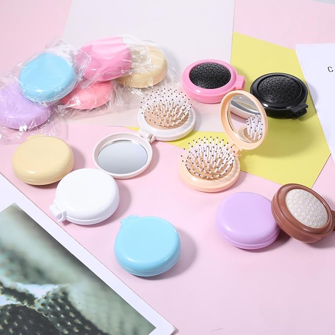 20 Pcs Folding Travel Mirror Hair Brushes Round Portable Pocket Brush Mini Compact Portable Hair Brush Mini Pop Up Hairs Brushes for Women (10 Colors)