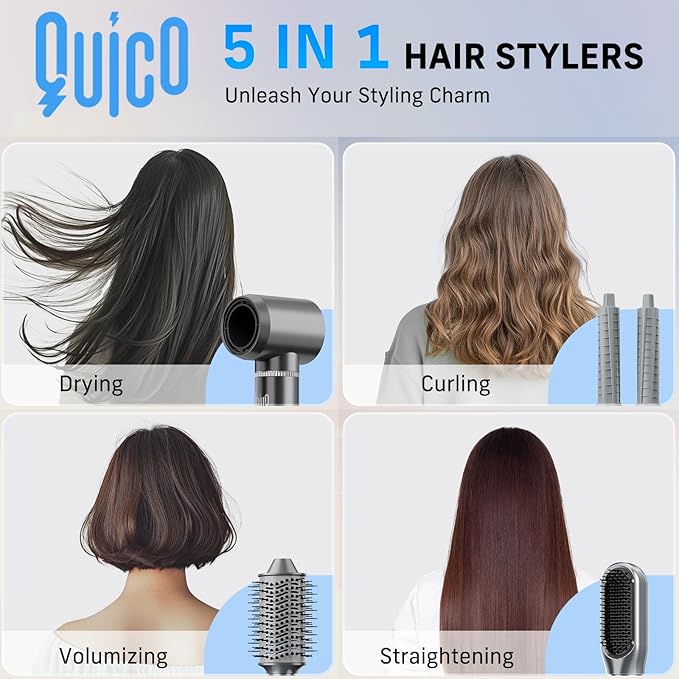 Quico 5 in 1 Blow Dryer Brush, Auto-Rotating Curling Brush, Air Curler for Hair, Hot Air Hair Styler with Negative Ions, No Heat Damage