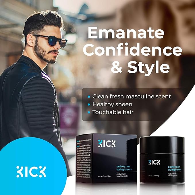 Kick Men's Medium Hold Hair Cream - Non Greasy, Thickening, Damage Control, Anti-Greying, Hydrating - 2 Oz