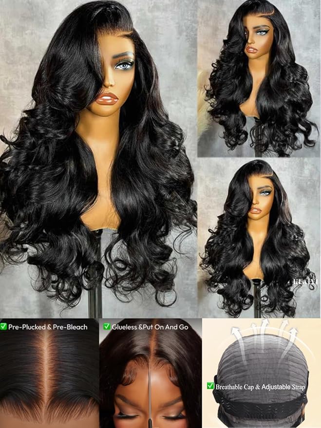 KLAIYI Body Wave Bye Bye Knots Glueless Wig 7x5 Pre Cut Lace Front Wigs Human Hair Wear and Go Wigs for Beginners Pre Bleached Pre Plucked Pre Everything 3S Easy to Ready to Wear Loose Wave Wig 28Inch